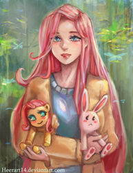 Size: 1275x1650 | Tagged: dead source, safe, artist:simha, angel bunny, fluttershy, human, rabbit, g4, bunny plushie, clothes, cute, digital art, doll, female, holding, humanized, jacket, jumper, light skin, looking at you, outdoors, pink hair, plushie, shyabetes, solo, speedpaint, standing, sweater, sweatershy, toy