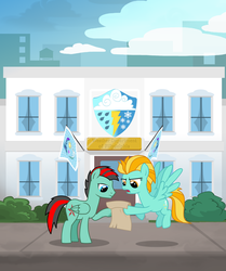 Size: 1024x1227 | Tagged: safe, artist:ectectbehho, lightning dust, oc, oc:ray blaze, pegasus, pony, g4, brother and sister, brother of lightning dust, female, fillydelphia, male, mare, siblings, stallion
