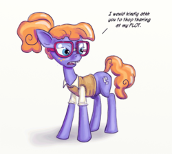 Size: 577x516 | Tagged: safe, artist:capt_hairball, frazzle rock, earth pony, pony, g4, annoyed, dialogue, female, freckles, glasses, lisp, mare, ponytail, solo, sweater vest