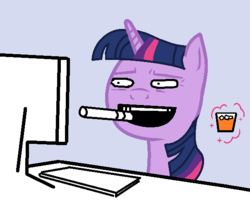 Size: 604x508 | Tagged: safe, artist:the sexy assistant, edit, twilight sparkle, pony, g4, alcohol, cigar, computer, female, ice, magic, meme, ponified, reaction image, smoking, solo, whiskey