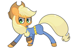 Size: 3000x2100 | Tagged: safe, artist:turtlefarminguy, applejack, g4, clothes, fallout, female, high res, jumpsuit, looking at you, raised hoof, simple background, solo, vault suit