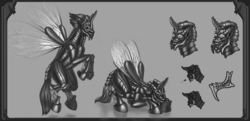 Size: 2750x1331 | Tagged: safe, artist:setarium, oc, oc only, changeling, comparison, concept art, design, female, grayscale, male, monochrome, sketch