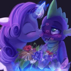 Size: 1000x1000 | Tagged: safe, artist:annielith, rarity, spike, g4, bouquet, female, flower, kiss mark, male, ship:sparity, shipping, straight