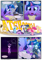 Size: 3500x4951 | Tagged: safe, artist:light262, artist:lummh, applejack, fluttershy, pinkie pie, rainbow dash, rarity, star swirl the bearded, twilight sparkle, alicorn, earth pony, pegasus, pony, unicorn, comic:timey wimey, g4, comic, female, male, mane six, mare, panic, shrunken pupils, sneezing, stallion, twilight sparkle (alicorn), twilighting