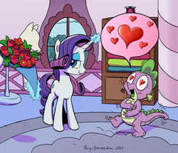 Size: 1430x1232 | Tagged: safe, artist:pony-berserker, rarity, spike, g4, female, flower, heart, heart eyes, kiss mark, love, male, ship:sparity, shipping, straight, wingding eyes