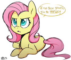 Size: 550x464 | Tagged: safe, artist:higglytownhero, fluttershy, pegasus, pony, g4, dialogue, female, looking at you, mare, open mouth, prone, serious, serious face, solo, speech bubble