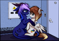 Size: 2152x1525 | Tagged: safe, artist:xn-d, oc, oc only, oc:kariana, oc:loga, dracony, hybrid, :o, bedroom eyes, blushing, eye contact, female, floppy ears, grin, horns, hug, male, open mouth, shipping, sitting, smiling, spread wings, straight, wide eyes