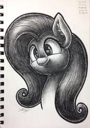 Size: 2105x2968 | Tagged: safe, artist:sheandog, fluttershy, g4, female, high res, monochrome, portrait, smiling, solo, traditional art