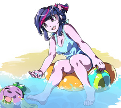 Size: 700x623 | Tagged: safe, artist:hiza take, sci-twi, spike, spike the regular dog, twilight sparkle, dog, equestria girls, g4, beach ball, clothes, duo, inflatable, inner tube, swimsuit, water