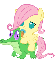 Size: 946x1017 | Tagged: safe, artist:red4567, fluttershy, gummy, pony, g4, :t, baby, baby pony, babyshy, cute, fluttershy riding gummy, foal, pacifier, ponies riding gators, recolor, riding, shyabetes