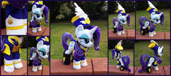 Size: 7209x3236 | Tagged: safe, artist:zizzaz, rarity, pony, unicorn, g4, testing testing 1-2-3, ancient wonderbolts uniform, boots, clothes, female, hat, irl, lidded eyes, mare, photo, plushie, sgt. rarity, shako, shoes, solo, tail, tail hole, uniform