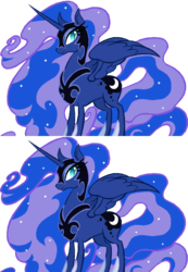 Size: 703x1018 | Tagged: safe, artist:colossalstinker, nightmare moon, princess luna, g4, bedroom eyes, female, looking at you, nightmare luna, palette swap, simple background, smiling, solo, spread wings, transparent background