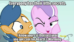 Size: 640x360 | Tagged: safe, edit, edited screencap, screencap, diamond tiara, first base, crusaders of the lost mark, g4, discovery family logo, image macro, it's a pony kind of christmas, meme