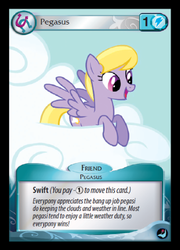 Size: 359x500 | Tagged: safe, enterplay, cloud kicker, pegasus, pony, g4, high magic, my little pony collectible card game, background pony, bang, card, ccg, fanfic reference, female, mare, smiling, solo, spread wings, token, trading card