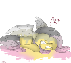Size: 1024x904 | Tagged: safe, artist:viviechan, fluttershy, g4, color loss, covering, faint, female, frown, gritted teeth, lying down, prone, scared, simple background, solo, spread wings, text, transparent background, wide eyes