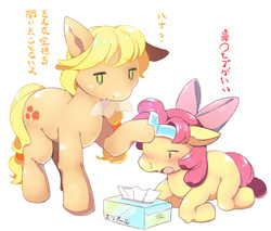 Size: 700x597 | Tagged: safe, artist:hiza take, apple bloom, applejack, g4, blushing, caring for the sick, cooling pad, japanese, mouth hold, pixiv, sick, snot, tissue, tissue box, translated in the comments