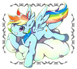 Size: 658x590 | Tagged: safe, artist:hiza take, rainbow dash, g4, cloud, female, grin, prone, solo, spread wings