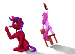 Size: 1240x887 | Tagged: safe, artist:alixnight, berry punch, berryshine, oc, oc:expensive taste, earth pony, pony, unicorn, g4, background pony, bottle, chair, commission, duo, reaching, teasing, wine, wine bottle, wine glass