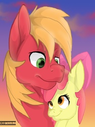 Size: 1024x1371 | Tagged: safe, artist:lesiwtroublemaker, apple bloom, big macintosh, earth pony, pony, g4, male, stallion