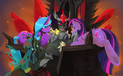 Size: 2125x1313 | Tagged: safe, artist:wynnchi, idw, king sombra, queen chrysalis, radiant hope, twilight sparkle, alicorn, changeling, changeling queen, pony, g4, spoiler:comic, bad end, butt, colored horn, corrupted, curved horn, dark magic, eye clipping through hair, female, harem, horn, it's good to be the king, king sombra gets all the mares, magic, male, maledom, mare, mind control, plot, ship:chrysombra, ship:hopebra, ship:twibra, sombra eyes, sombra horn, straight, the bad guy wins, throne, twilight sparkle (alicorn), victorious villain