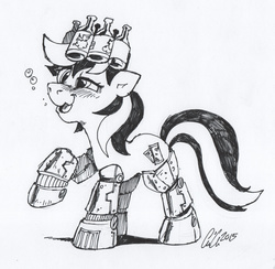 Size: 4301x4191 | Tagged: safe, artist:crikeydave, oc, oc only, oc:blackjack, cyborg, pony, unicorn, fallout equestria, fallout equestria: project horizons, absurd resolution, amputee, blushing, commission, cropped, cybernetic legs, drinking, drunk, ink, monochrome, prosthetic limb, prosthetics, queen whiskey