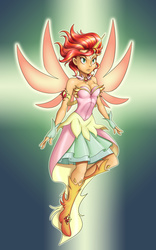 Size: 2255x3606 | Tagged: safe, artist:nauth, sunset shimmer, equestria girls, g4, my little pony equestria girls: friendship games, artificial wings, augmented, cleavage, clothes, colored, daydream shimmer, dress, female, fingerless gloves, gloves, high res, horn, magic, magic wings, skirt, solo, wings