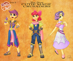 Size: 1867x1562 | Tagged: safe, artist:didj, apple bloom, scootaloo, sweetie belle, human, my little mages, crusaders of the lost mark, g4, boots, clothes, cutie mark crusaders, dress, fingerless gloves, gloves, group, humanized, open mouth, the cmc's cutie marks, trio