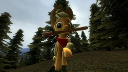 Size: 1366x768 | Tagged: safe, artist:themox, applejack, g4, 3d, axe, clothes, female, gmod, looking at you, mouth hold, scarf, solo