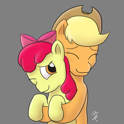 Size: 1280x1280 | Tagged: safe, artist:mkogwheel, apple bloom, applejack, g4, hug, hug from behind, simple background, sisters