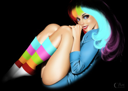 Size: 4961x3508 | Tagged: safe, artist:jht888, rainbow dash, human, g4, clothes, female, humanized, looking at you, pinup, pose, rainbow socks, realistic, socks, solo, striped socks