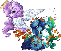 Size: 3468x2889 | Tagged: safe, artist:php166, oc, oc only, oc:freckles, oc:nepheli, oc:nyla, alicorn, angel, pony, unicorn, alicorn oc, autumn, clothes, family, female, hearing aid, high res, horn, leaves, mother, scarf, siblings, sisters, wings
