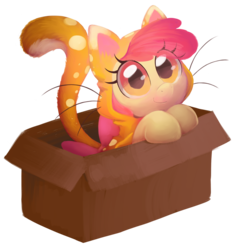 Size: 1280x1359 | Tagged: safe, artist:bakaishere, apple bloom, cat, g4, adorabloom, box, cat costume, clothes, costume, cute, female, kitty bloom, smiling, solo, weapons-grade cute