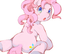 Size: 600x450 | Tagged: safe, artist:hiza take, pinkie pie, g4, anatomically incorrect, butt, female, incorrect leg anatomy, looking back, open mouth, pixiv, plot, simple background, solo, white background