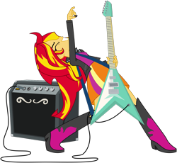 Size: 1541x1415 | Tagged: safe, artist:nano23823, sunset shimmer, equestria girls, g4, my little pony equestria girls: rainbow rocks, .svg available, boots, clothes, equipment, eyes closed, female, flying v, guitar, guitar pick, leather jacket, musical instrument, playing, rock (music), simple background, skirt, solo, speaker, sunset shredder, svg, transparent background, vector