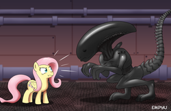 Size: 1000x647 | Tagged: safe, artist:empyu, fluttershy, pegasus, pony, xenomorph, g4, alien (franchise), crossover, duo, the stare