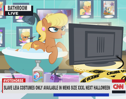 Size: 800x630 | Tagged: safe, artist:pixelkitties, mayor mare, ms. harshwhinny, g4, alcohol, bagpipes o'toole, bath, bathroom, bathtub, butt, cable news network, claw foot bathtub, cnn, missing accessory, plot, scotch, television, votehorse