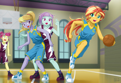 Size: 1160x800 | Tagged: safe, artist:uotapo, cloudy kicks, sour sweet, sunny flare, sunset shimmer, human, equestria girls, friendship games, g4, alternate hairstyle, angry, armpits, background human, ball is life, basketball, clothes, crystal prep academy, crystal prep shadowbolts, female, open mouth, ponytail, shoes, sleeveless, sneakers, sour rage, sunset helper, wondercolts