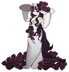 Size: 920x968 | Tagged: safe, artist:うめぐる, rarity, anthro, semi-anthro, g4, alternate hairstyle, arm hooves, clothes, dress, female, flower, hat, solo