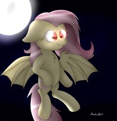 Size: 2600x2700 | Tagged: safe, artist:tomboygirl45, fluttershy, bat pony, pony, g4, female, floppy ears, flutterbat, flying, high res, moon, smiling, solo