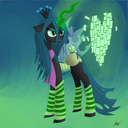 Size: 2400x2400 | Tagged: dead source, safe, artist:soveno, queen chrysalis, changeling, changeling queen, g4, clothes, female, heart, high res, magic, scarf, socks, solo