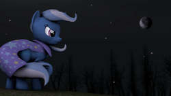 Size: 1920x1080 | Tagged: safe, artist:fd-daylight, trixie, pony, unicorn, g4, 3d, female, mare, missing accessory, moon, night, solo, source filmmaker, tree, windswept mane
