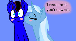 Size: 1412x756 | Tagged: safe, artist:night-shadow7, trixie, oc, oc:brad mythical, pony, unicorn, g4, blushing, canon x oc, eyes closed, female, kissing, male, mare, misspelling, shipping, simple background, straight