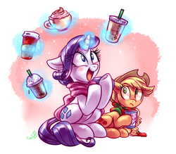 Size: 4000x3500 | Tagged: safe, artist:whitediamonds, applejack, rarity, earth pony, pony, unicorn, rarijack daily, g4, applejack's hat, caffeine, cappuccino, clothes, coffee, cowboy hat, cup, cute, drink, duo, duo female, female, glowing, glowing horn, hat, high res, horn, lesbian, levitation, magic, magic aura, mare, open mouth, raribetes, scarf, ship:rarijack, shipping, smiling, starbucks, sweat, sweatdrop, telekinesis, this will end in weight gain, underhoof, wavy mouth
