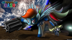 Size: 1600x900 | Tagged: safe, artist:tobibrocki, derpy hooves, rainbow dash, pegasus, pony, g4, armor, blackletter, clothes, crossover, female, glare, gritted teeth, looking at you, mare, outfit, planet, rocket launcher, running, spread wings, unreal tournament, weapon, wide eyes