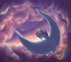 Size: 3000x2600 | Tagged: safe, artist:luvvandra, rainbow dash, g4, epic, female, floating, high res, large wings, looking at you, signature, sky, solo, wings
