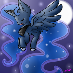 Size: 800x800 | Tagged: safe, artist:ashee, princess luna, alicorn, pony, g4, crying, cute, eyes closed, female, flying, mare, moon, night, open mouth, sad, signature, solo, spread wings, stars, wings