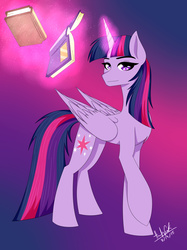 Size: 1936x2592 | Tagged: safe, artist:hayley1432, twilight sparkle, alicorn, pony, g4, book, concave belly, female, gradient background, magic, mare, raised hoof, redraw, signature, solo, telekinesis, twilight sparkle (alicorn)