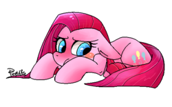 Size: 538x334 | Tagged: safe, artist:phyllismi, pinkie pie, g4, blush sticker, blushing, female, pinkamena diane pie, solo