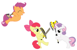 Size: 5150x3369 | Tagged: safe, artist:replaymasteroftime, apple bloom, scootaloo, sweetie belle, g4, axe, cutie mark crusaders, nerf, shield, sword