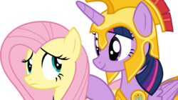 Size: 4923x2756 | Tagged: safe, artist:shutterflyeqd, fluttershy, twilight sparkle, alicorn, pony, g4, scare master, armor, athena sparkle, clothes, costume, duo, female, mare, nightmare night, simple background, transparent background, twilight sparkle (alicorn), vector